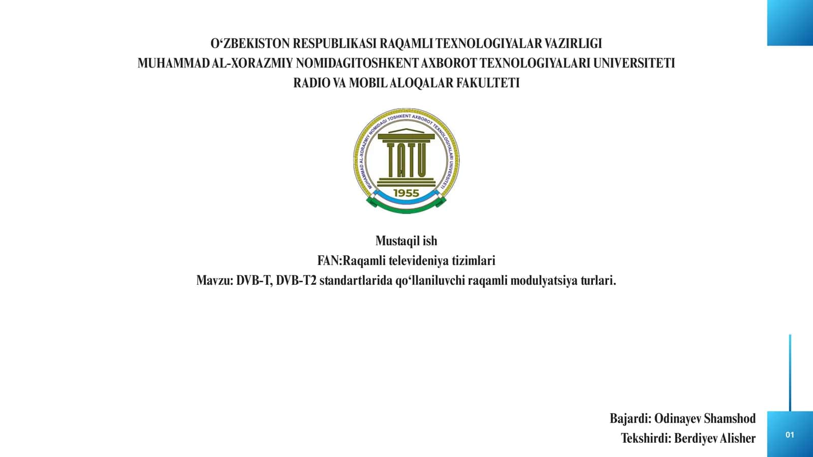 DVB-T, DVB-T2 standartlarida qo‘llaniluvchi raqamli modulyatsiya turlari