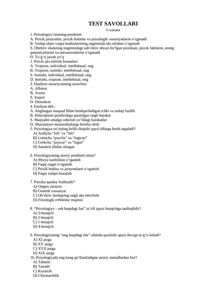 Psixologiya fani test savollari