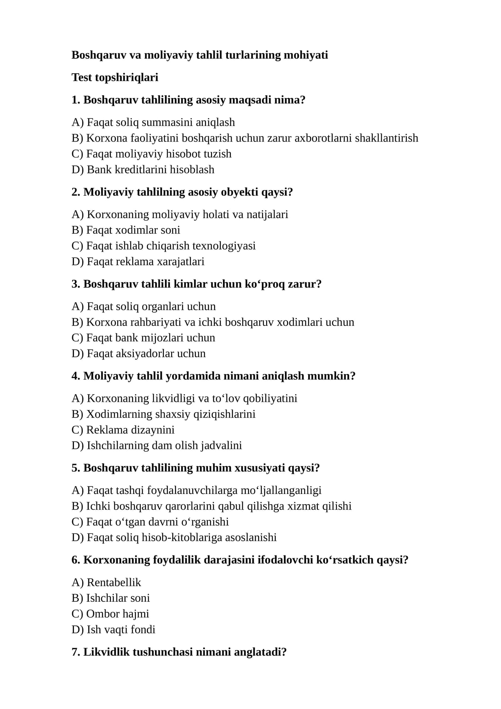 Boshqaruv va moliyaviy tahlil turlarining mohiyati