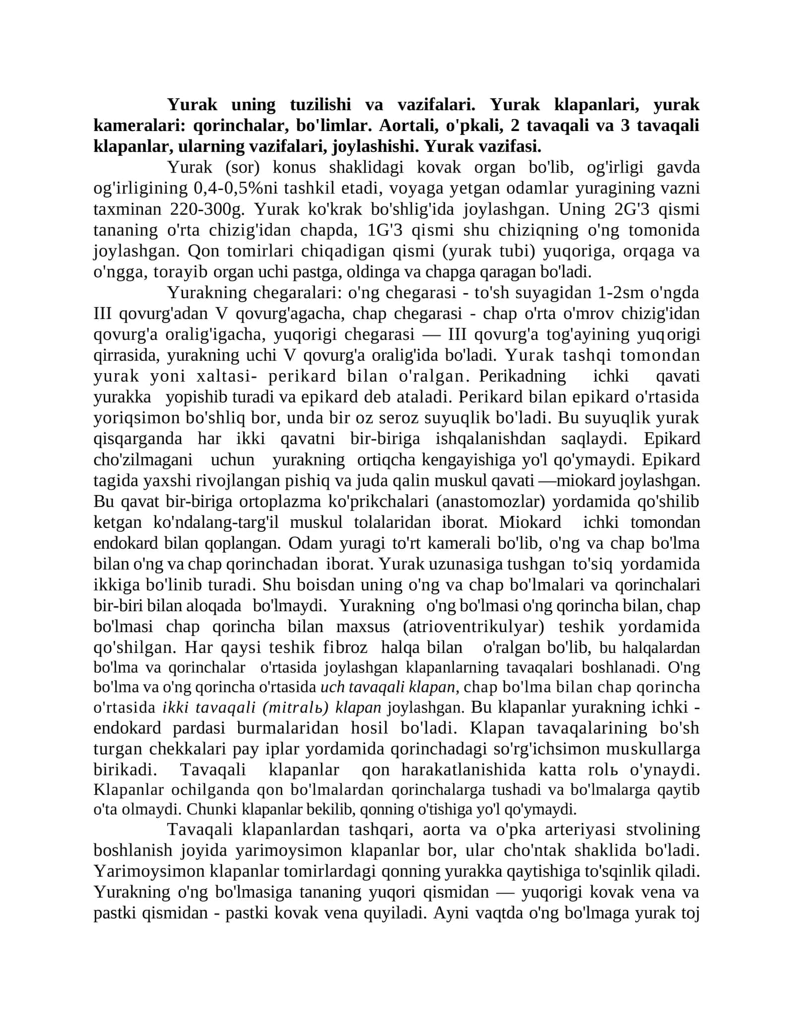 Yurak tuzilishi va vazifalari
