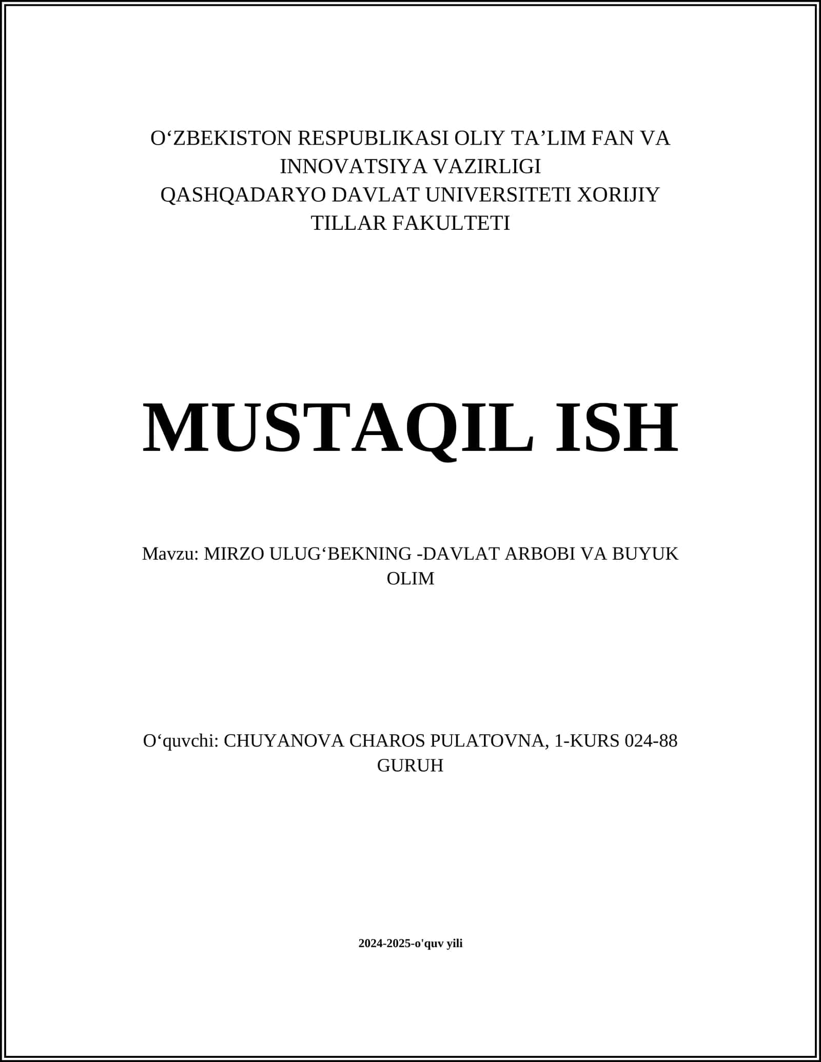 MIRZO ULUGʻBEKNING -DAVLAT ARBOBI VA BUYUK OLIM