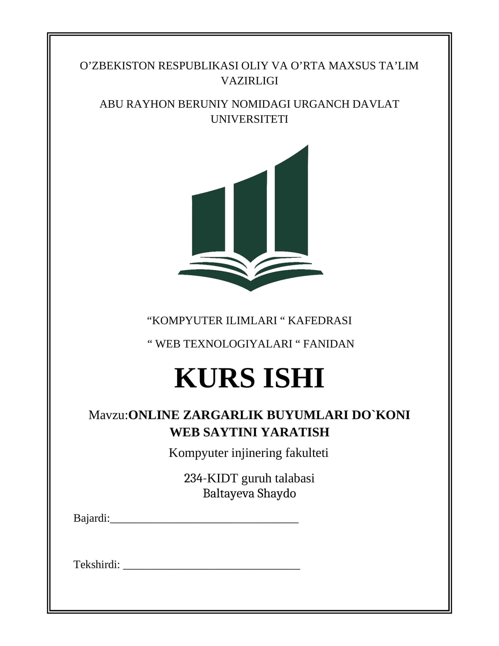 ONLINE ZARGARLIK BUYUMLARI DO`KONI WEB SAYTINI YARATISH
