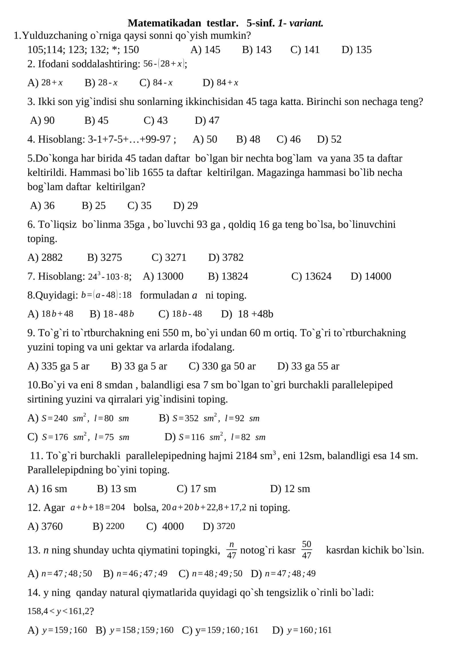Matematikadan testlar. 5-sinf. 1- variant