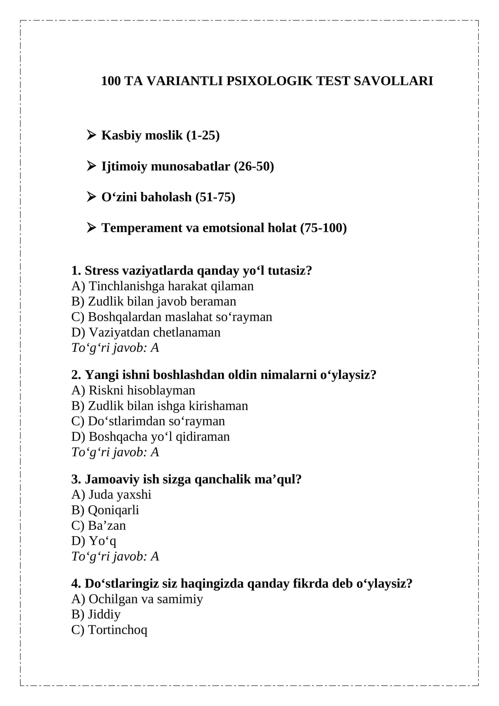 100 TA VARIANTLI PSIXOLOGIK TEST SAVOLLARI