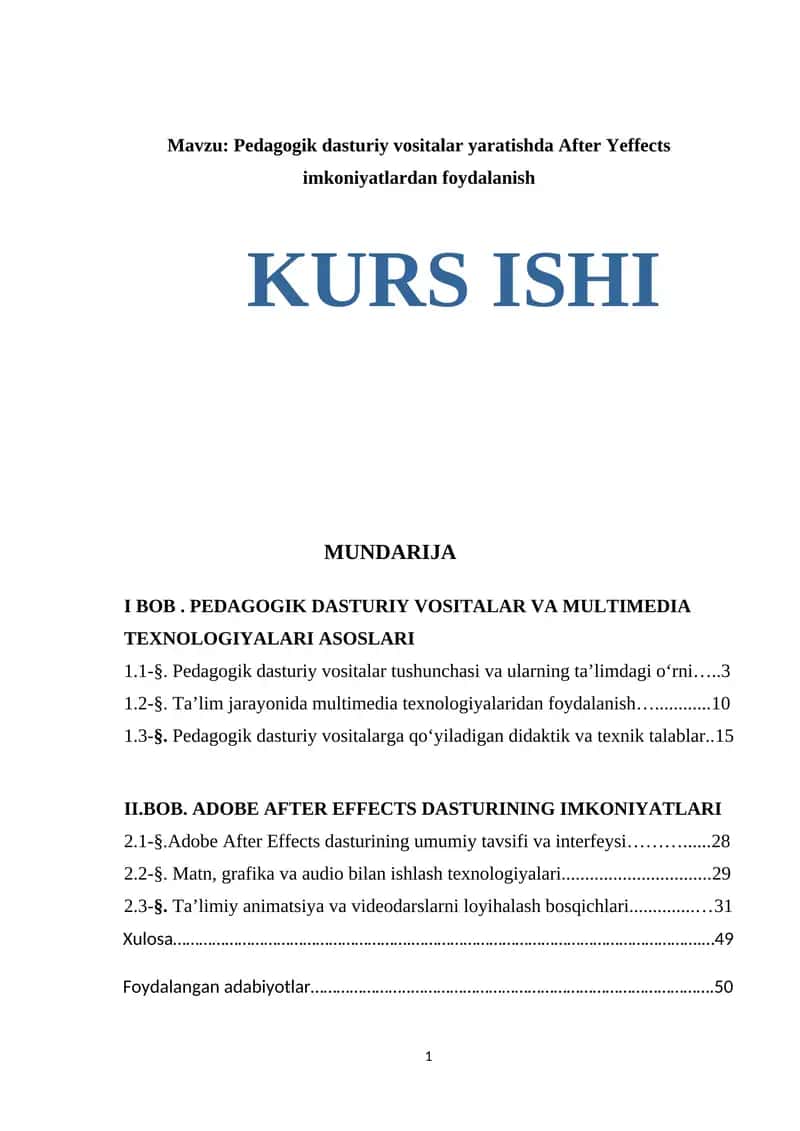 Pedagogik dasturiy vositalar yaratishda After Yeffects imkoniyatlardan foydalanish