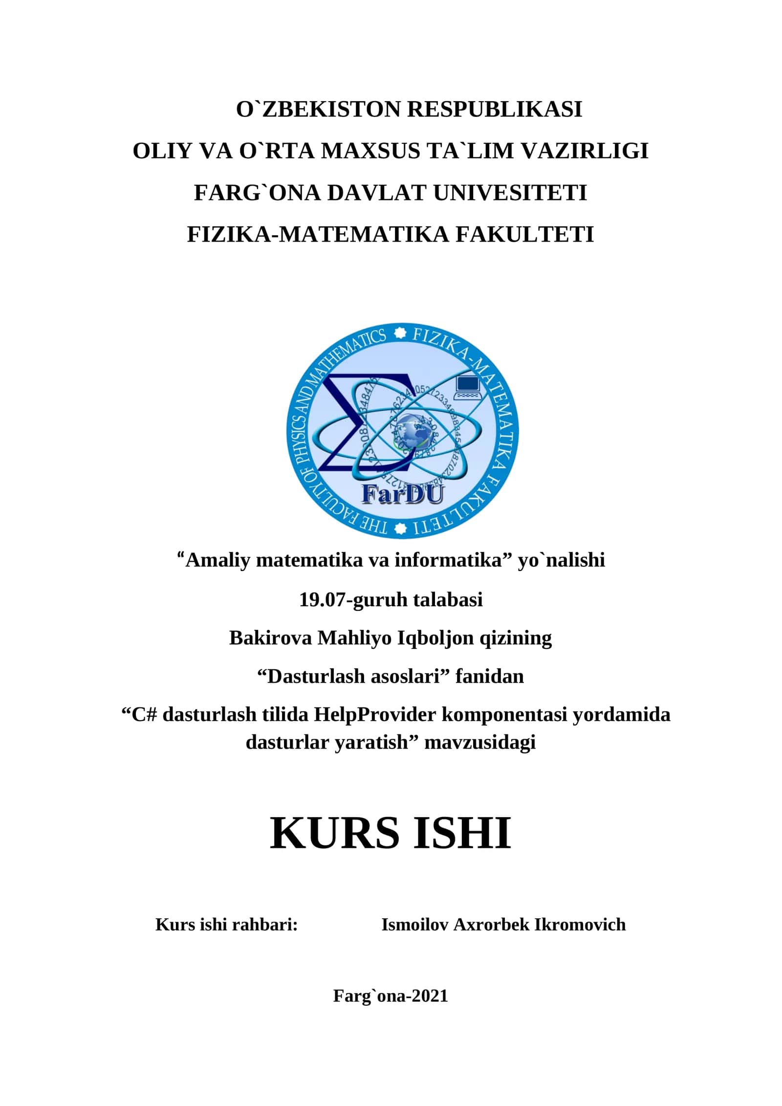 “C# dasturlash tilida HelpProvider komponentasi yordamida dasturlar yaratish” mavzusidagi KURS ISHI