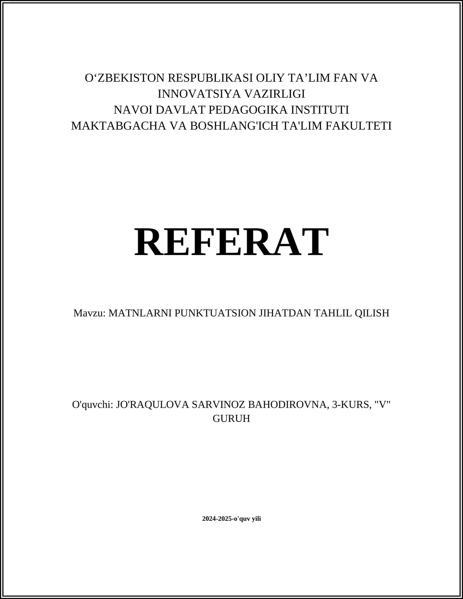 MATNLARNI PUNKTUATSION JIHATDAN TAHLIL QILISH