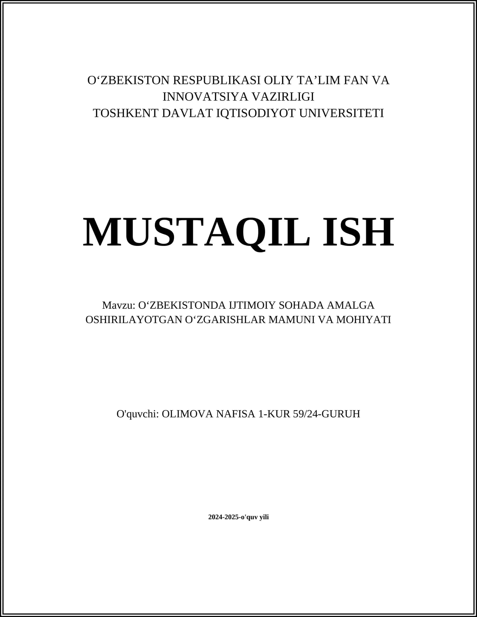 O'zbekistonda Ijtimoiy sohada amalga oshirilayotgan o'zgarishlar mamlani va mohiyati