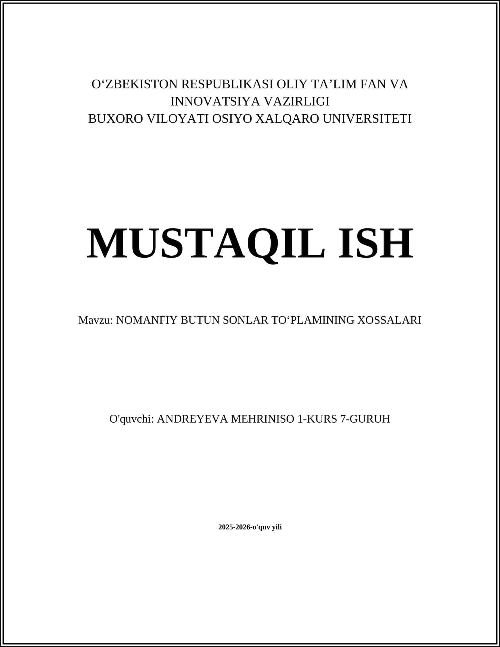 NOMANFIY BUTUN SONLAR TOʻPLAMINING XOSSALARI
