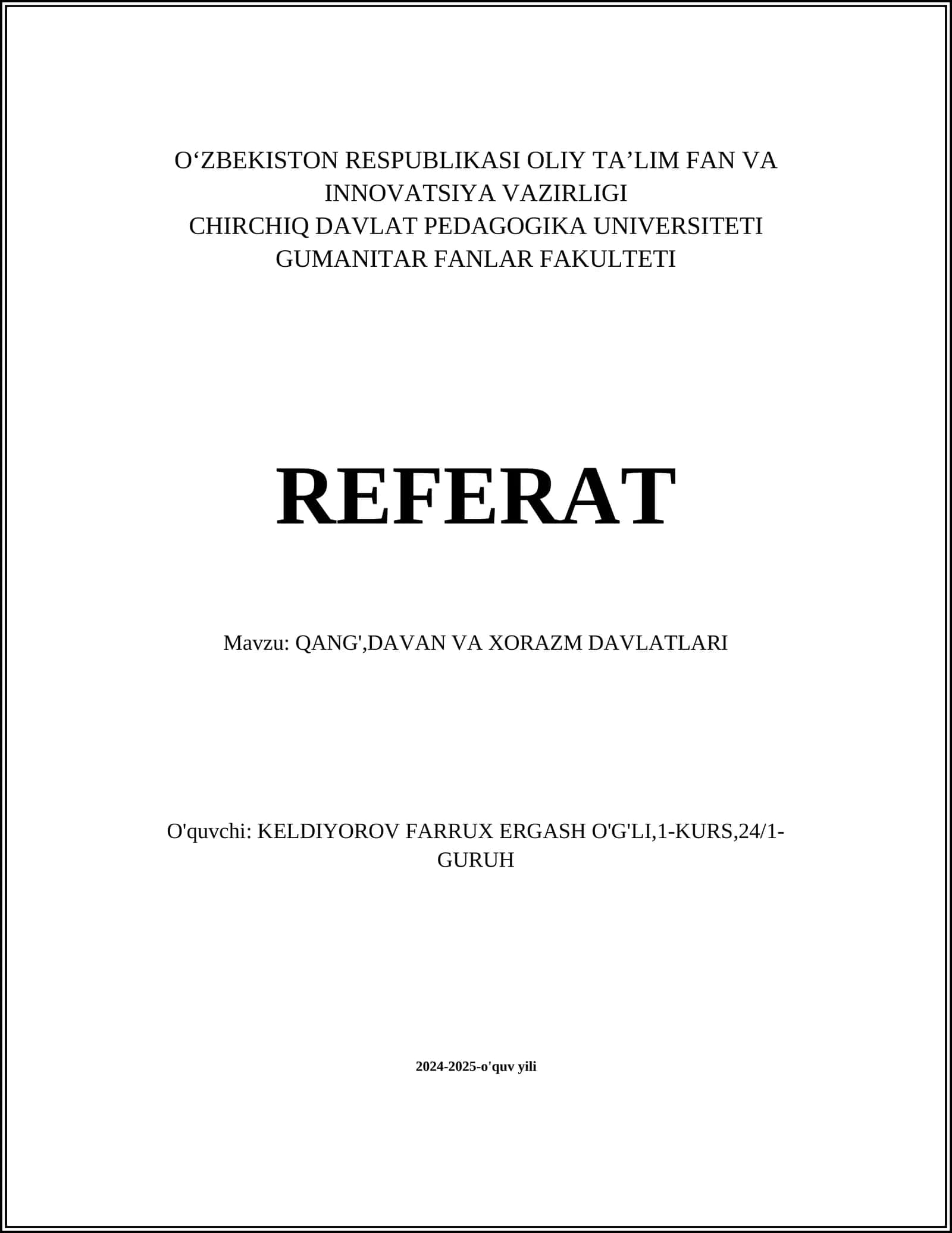 QANG',DAVAN VA XORAZM DAVLATLARI