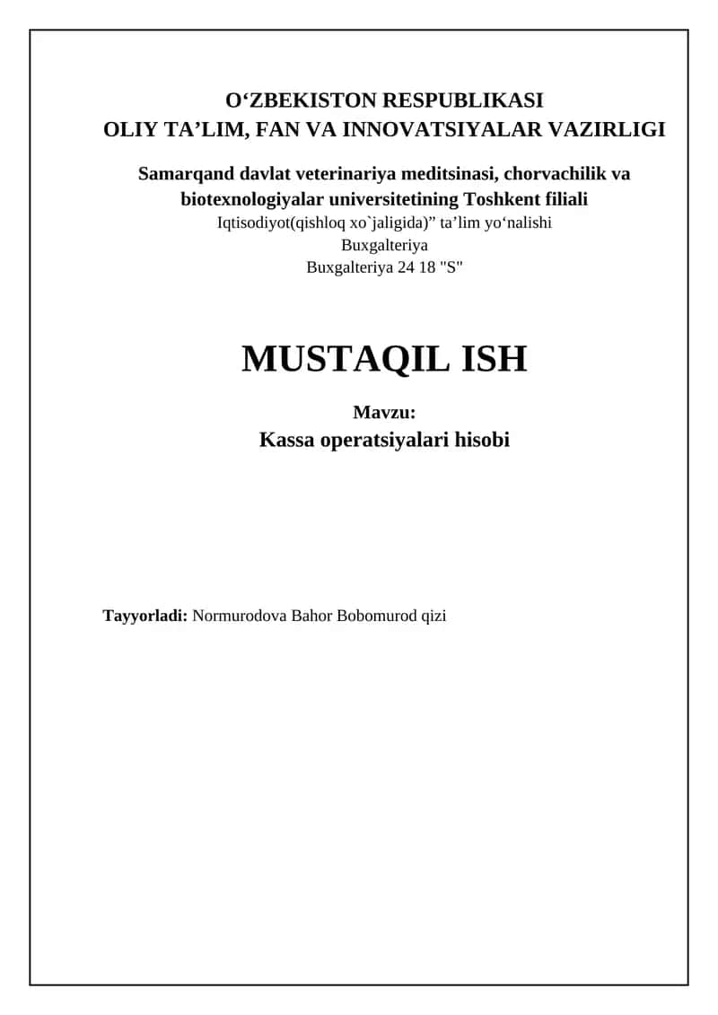 Kassa operatsiyalari hisobi