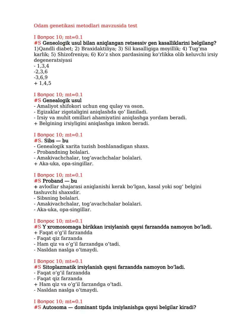 Odam genetikasi metodlari mavzusida test