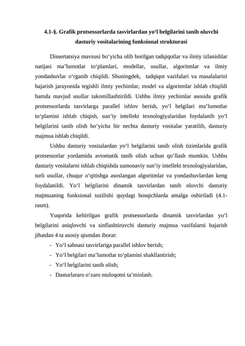 Grafik protsessorlarda tasvirlardan yo‘l belgilarini tanib oluvchi dasturiy vositalarining funksional strukturasi
