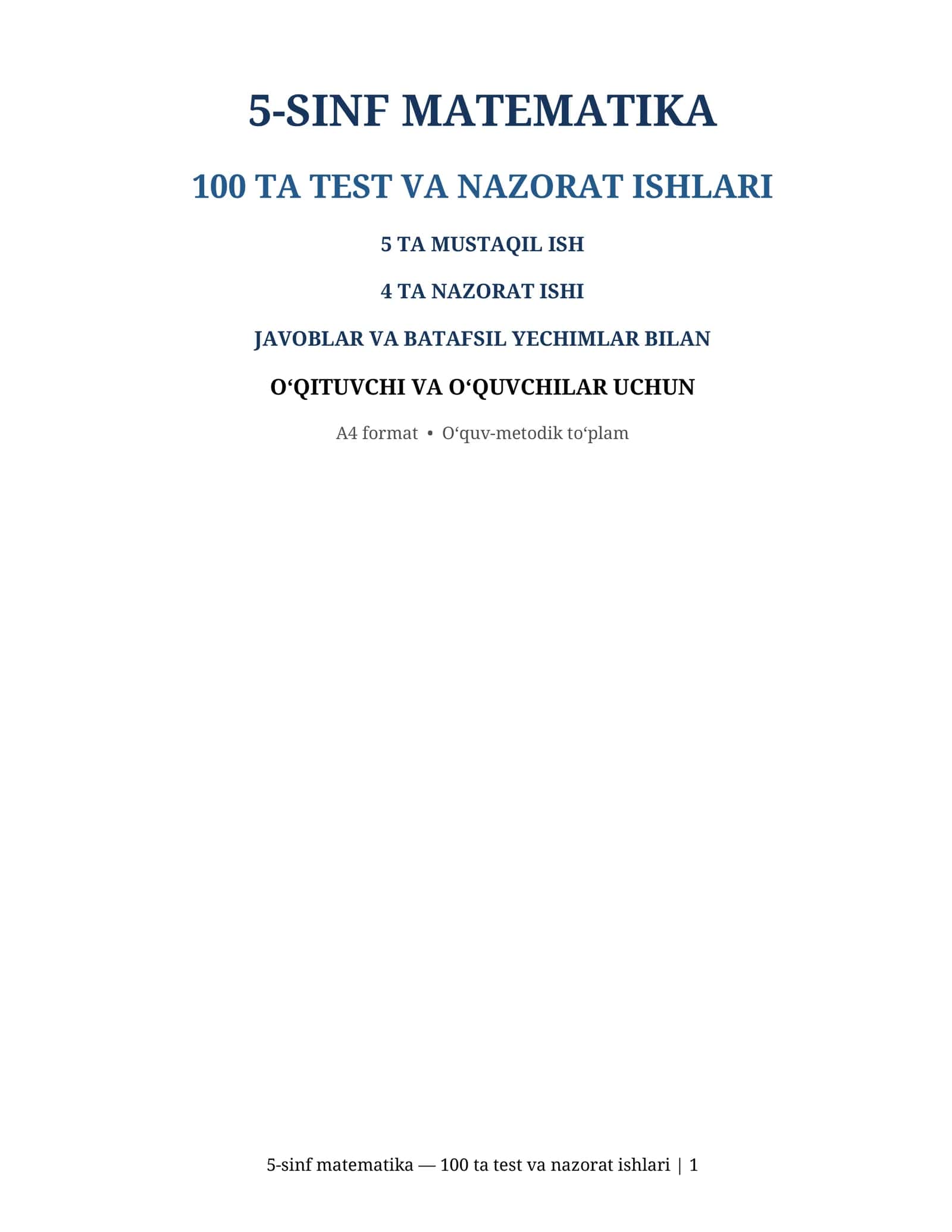 5-sinf matematika — 100 ta test va nazorat ishlari