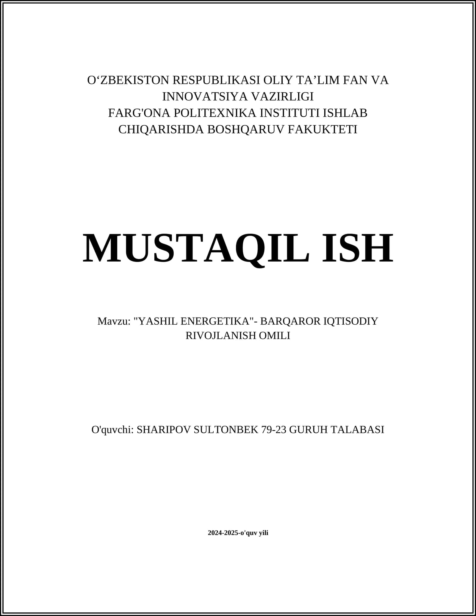 "YASHIL ENERGETIKA"- BARQAROR IQTISODIY RIVOJLANISH OMILI"