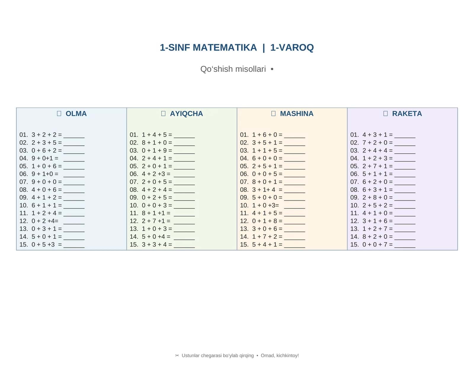 1-SINF MATEMATIKA | 20 ta variant qo'shish amallari