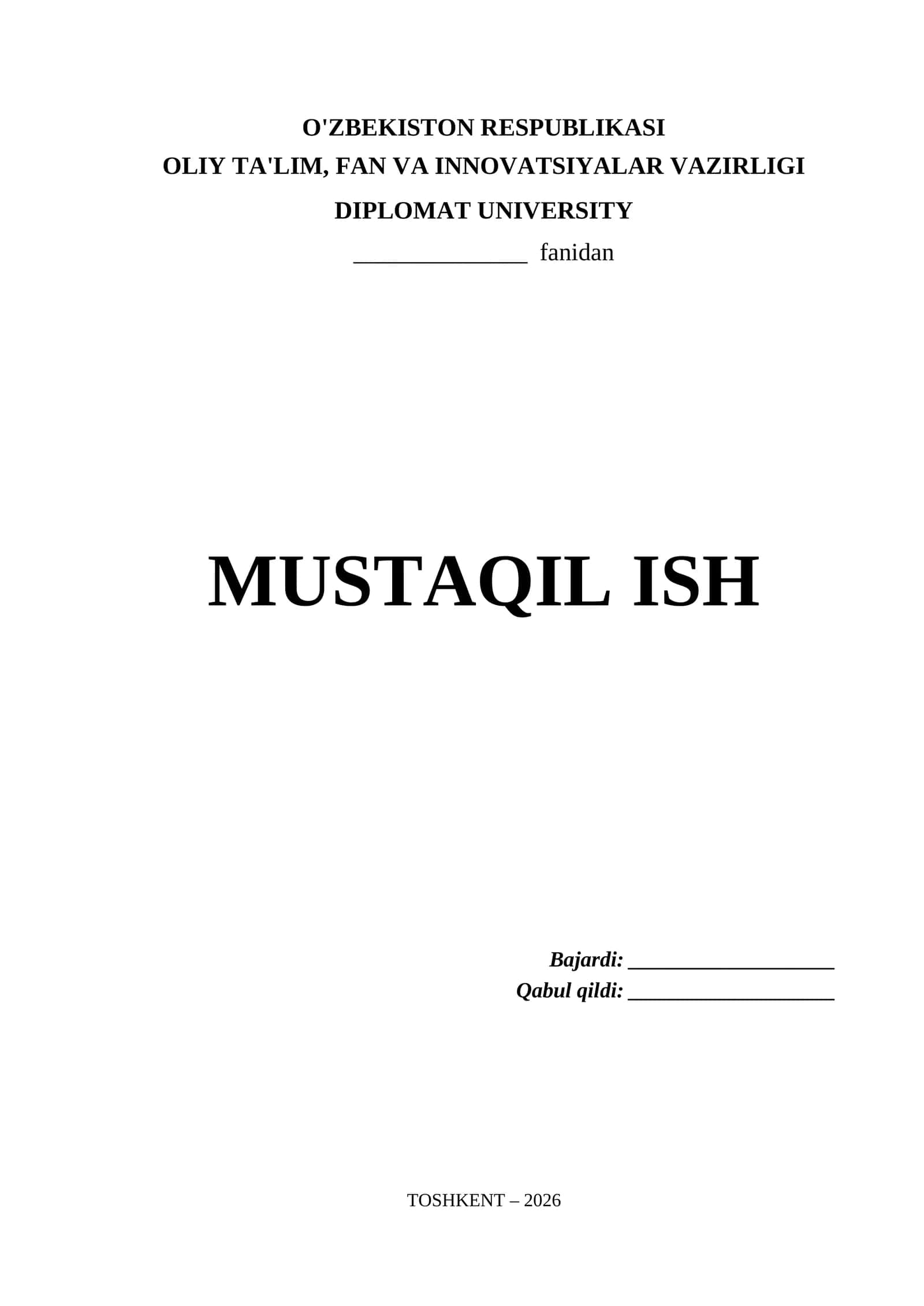 Diplomat University Mustaqil Ish Titul Varaq (.docx)