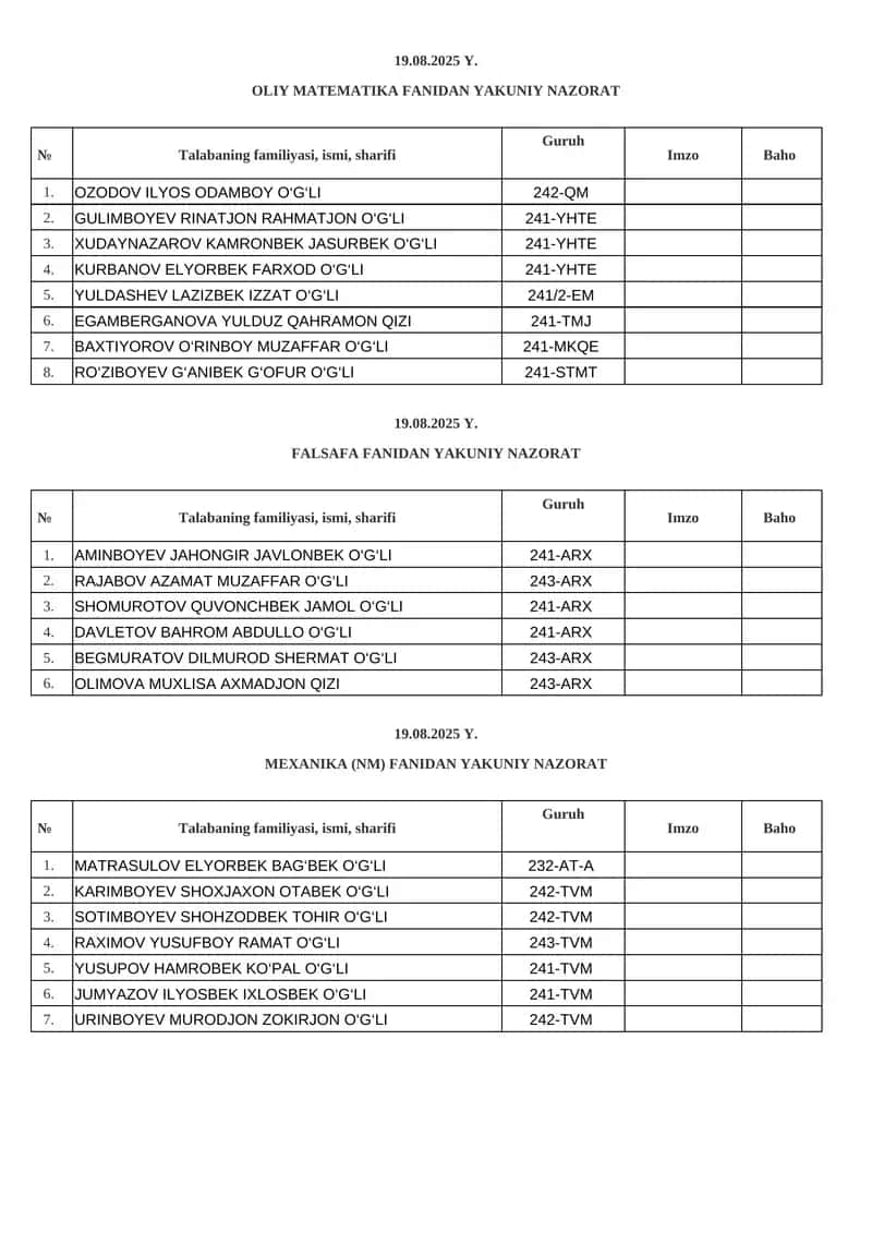 OLIY MATEMATIKA FANIDAN YAKUNIY NAZORAT