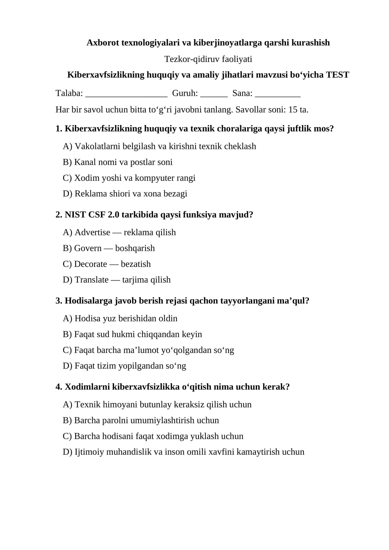 Kiberxavfsizlikning huquqiy va amaliy jihatlari — TEST.