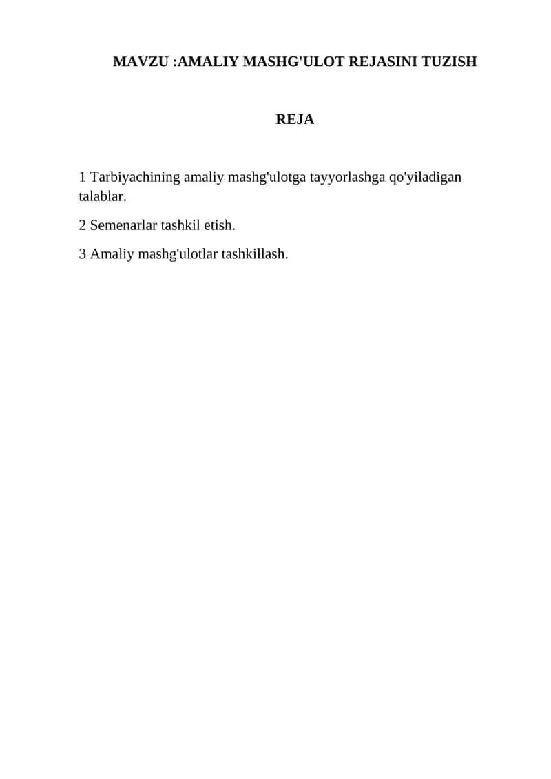 AMALIY MASHG'ULOT REJASINI TUZISH