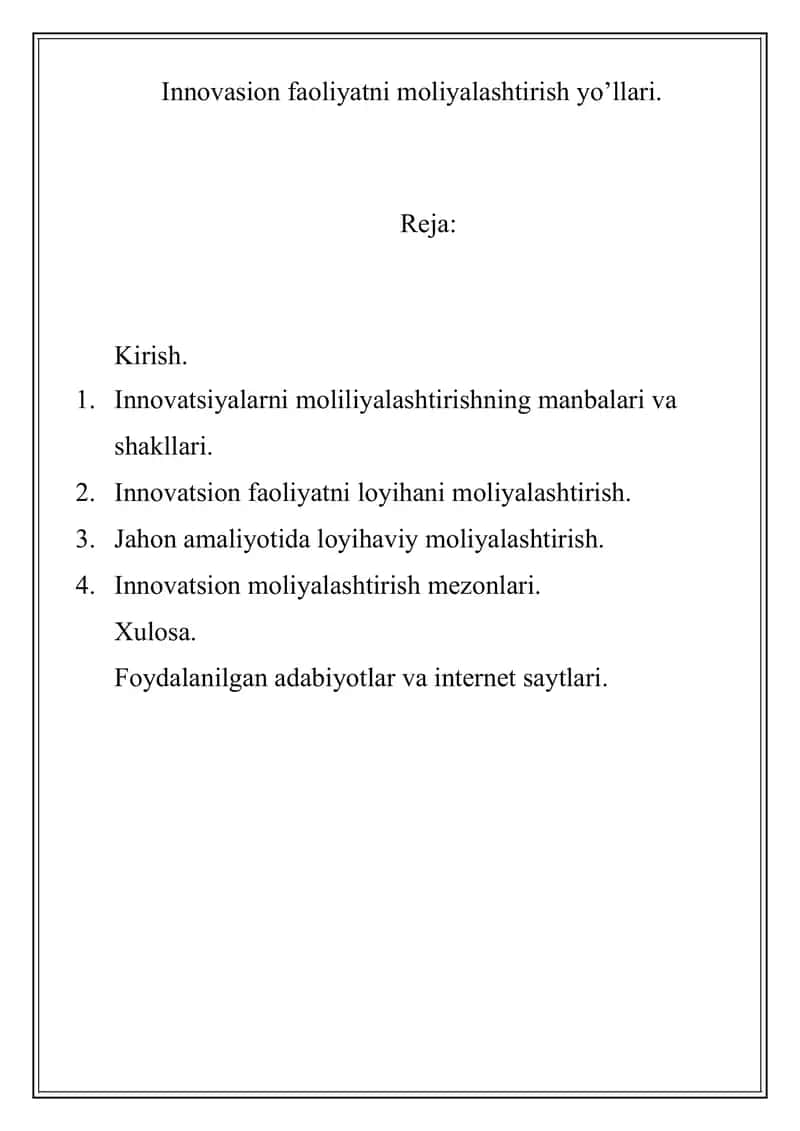 Innovasion faoliyatni moliyalashtirish yo’llari