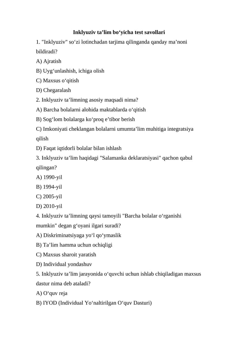 Inklyuziv ta’lim bo‘yicha test savollari       Inklyuziv ta’lim bo‘yicha test savollari