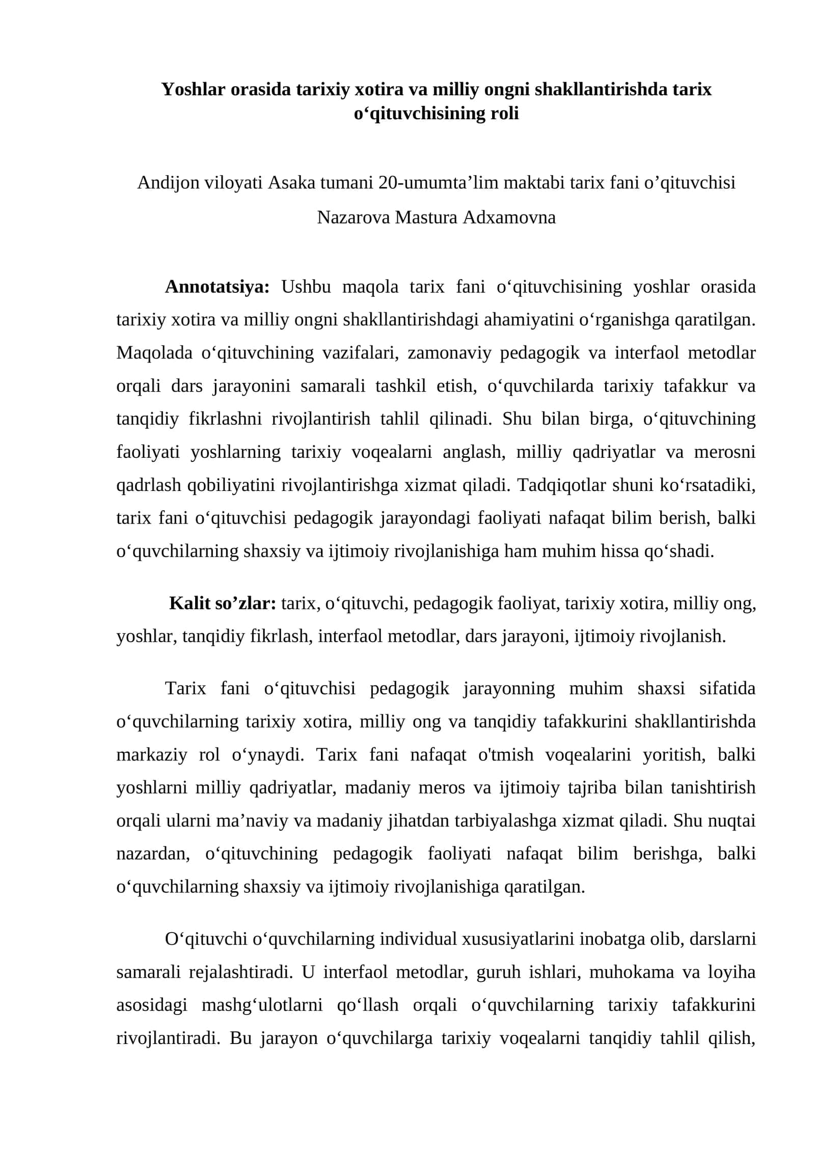 Yoshlar orasida tarixiy xotira va milliy ongni shakllantirishda tarix o‘qituvchisining roli