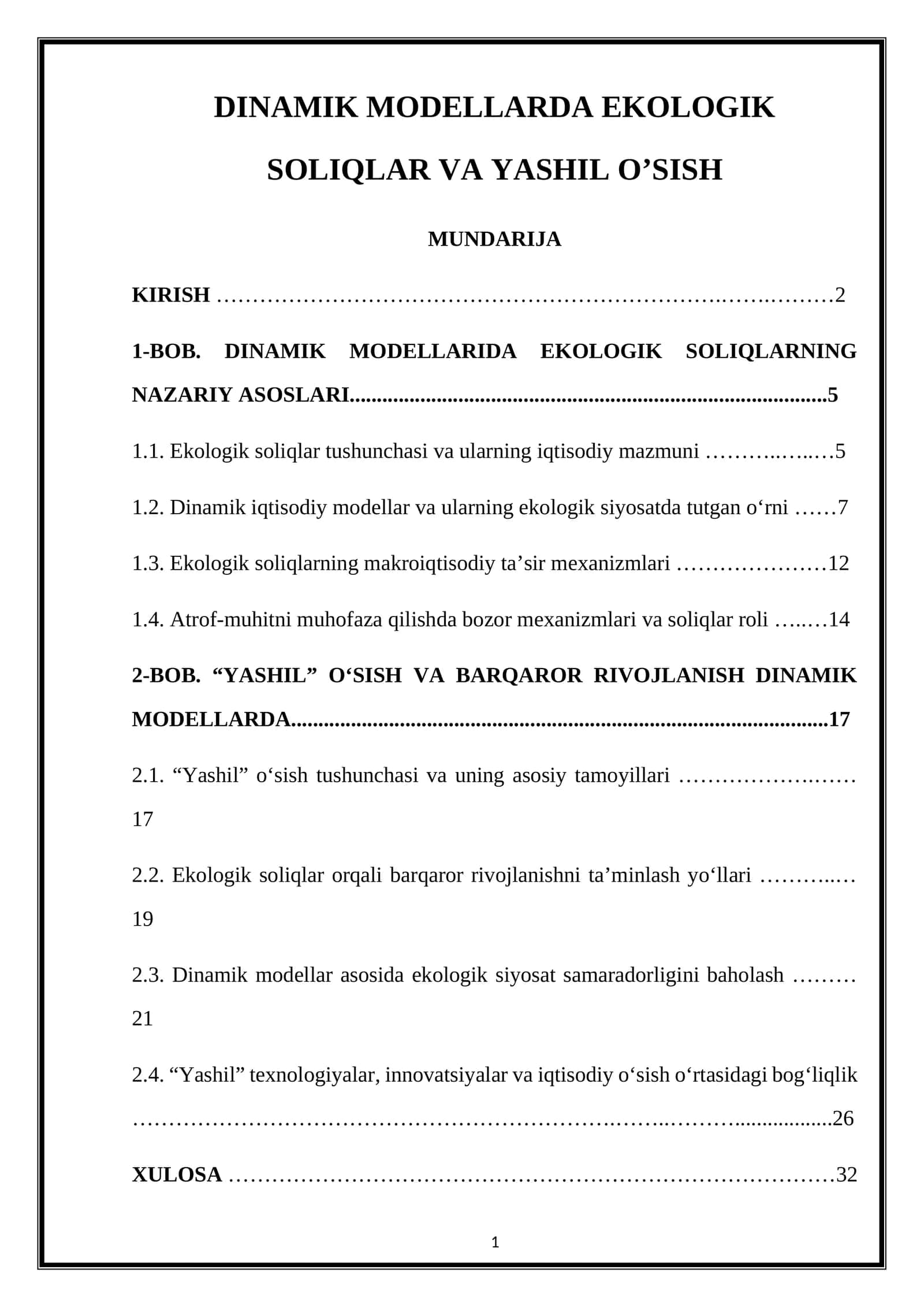 DINAMIK MODELLARDA EKOLOGIK SOLIQLAR VA YASHIL O’SISH