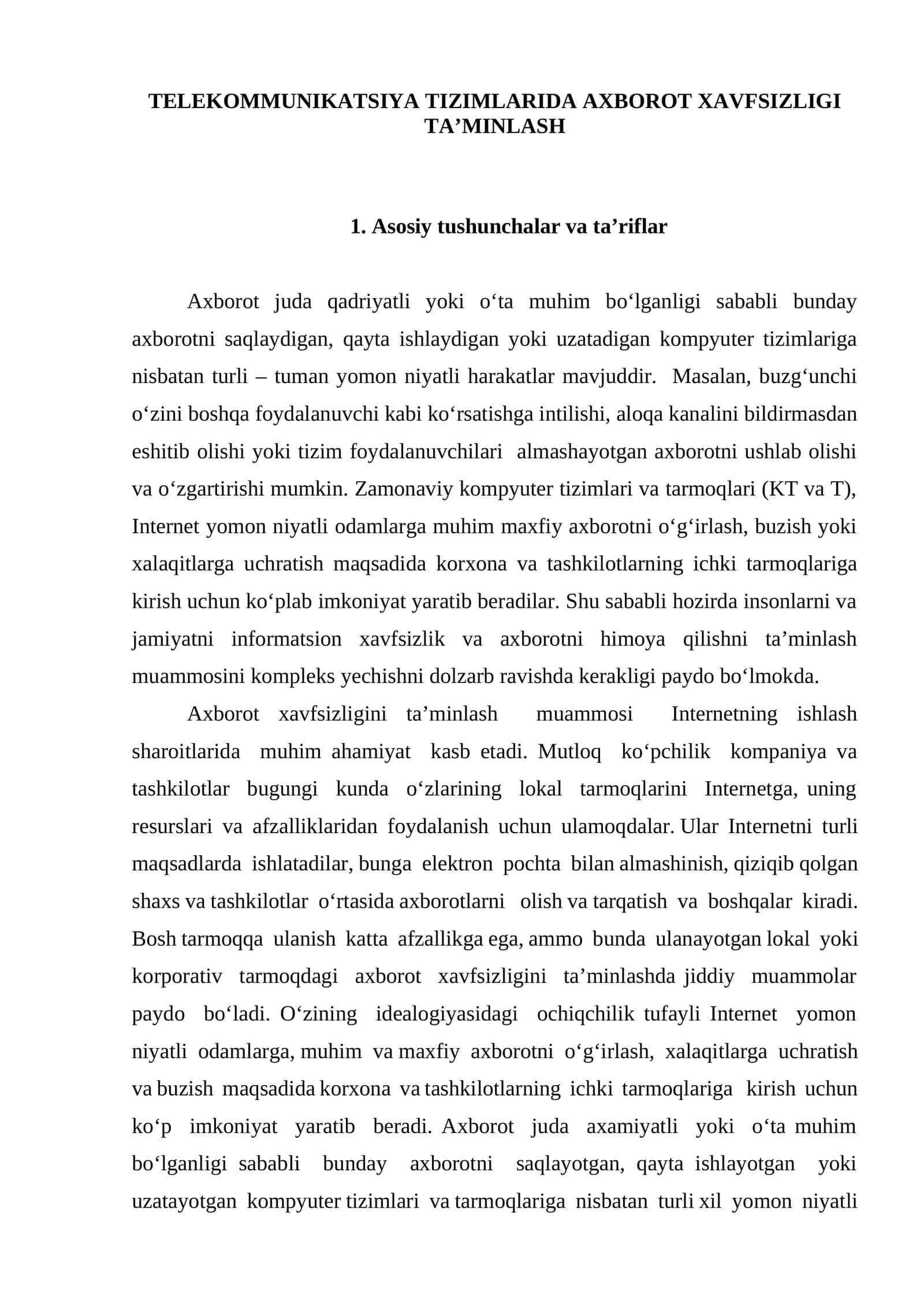 TELEKOMMUNIKATSIYA TIZIMLARIDA AXBOROT XAVFSIZLIGI TA’MINLASH