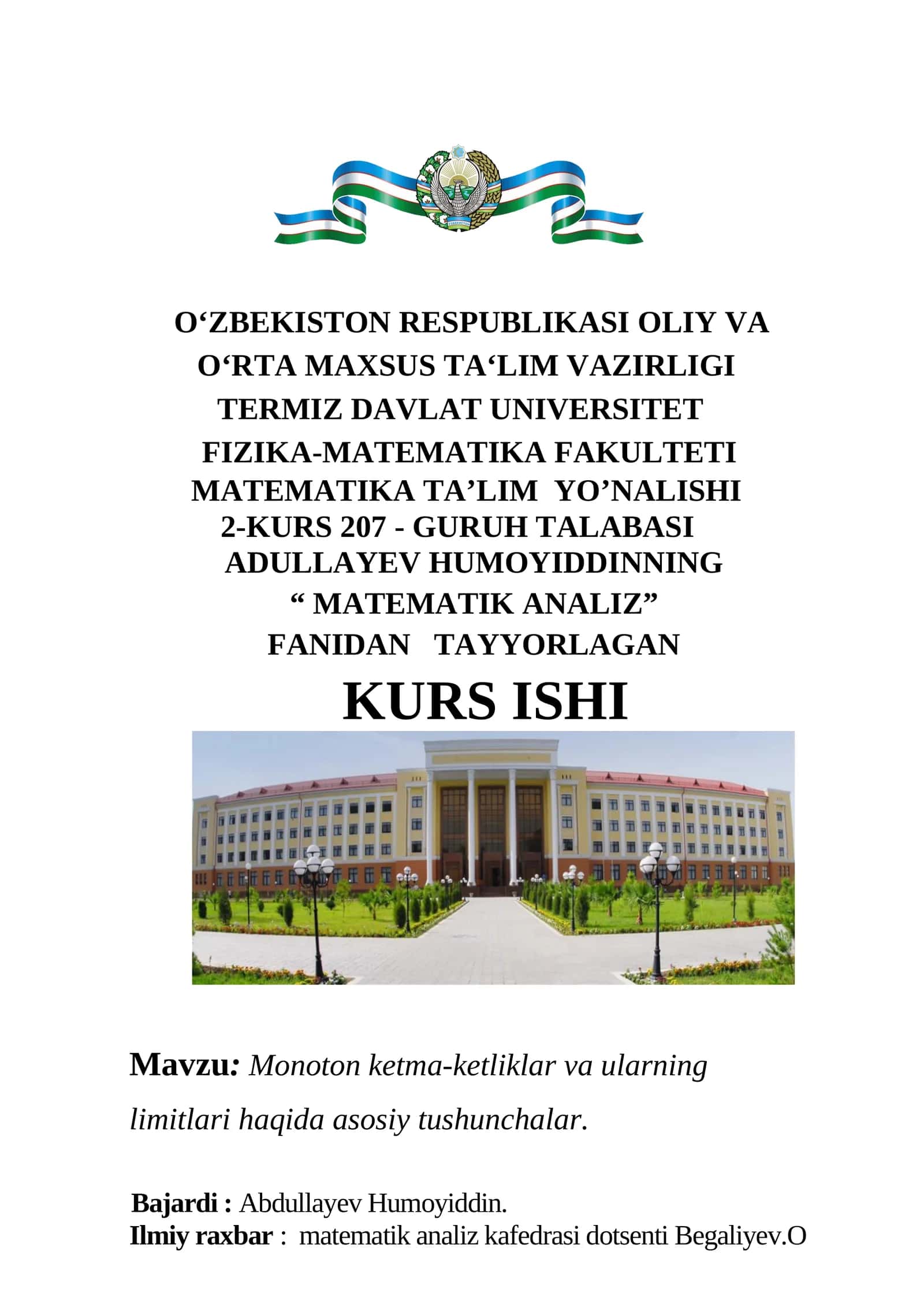 Monoton ketma-ketliklar va ularning limitlari haqida asosiy tushunchalar