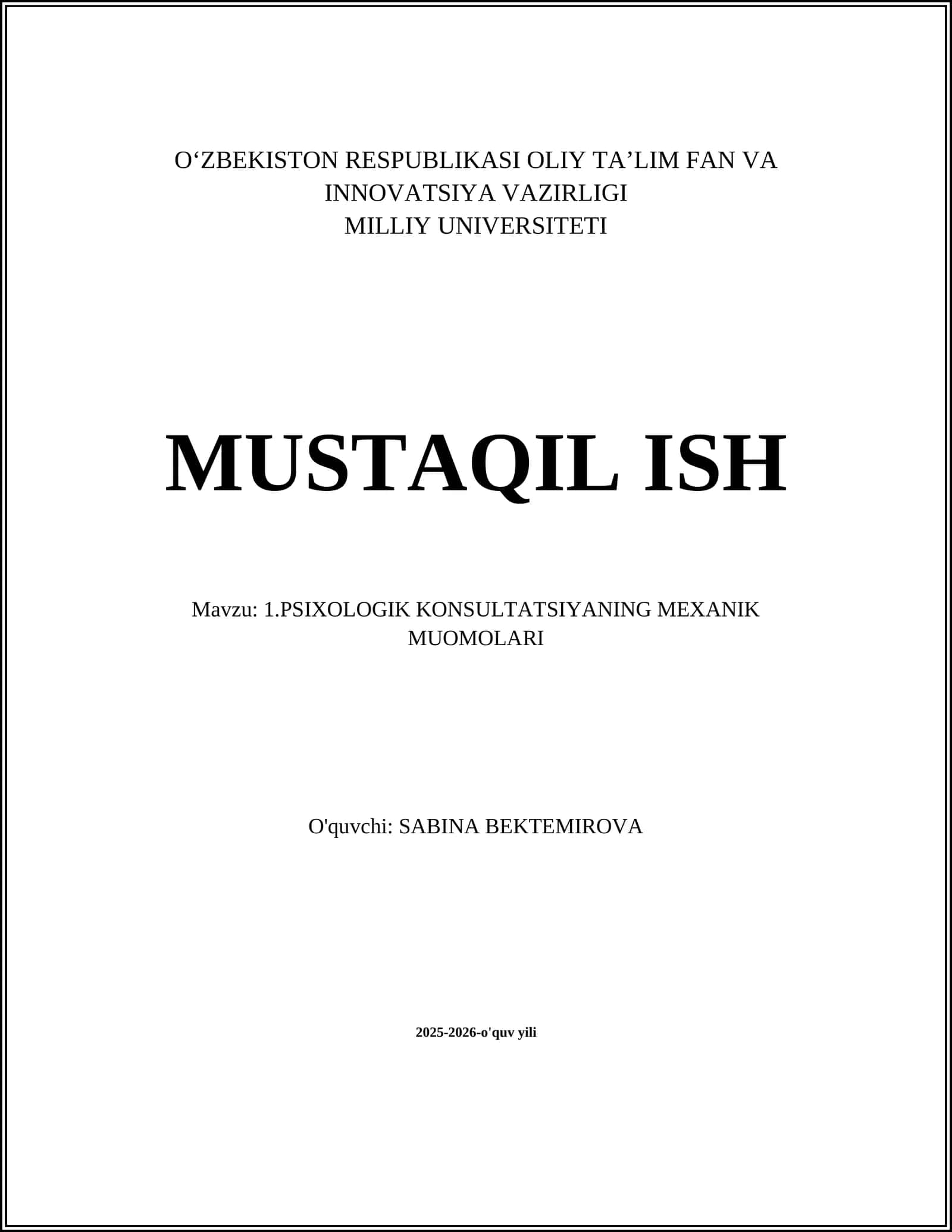 PSIXOLOGIK KONSULTATSIYANING MEXANIK MUOMOLARI