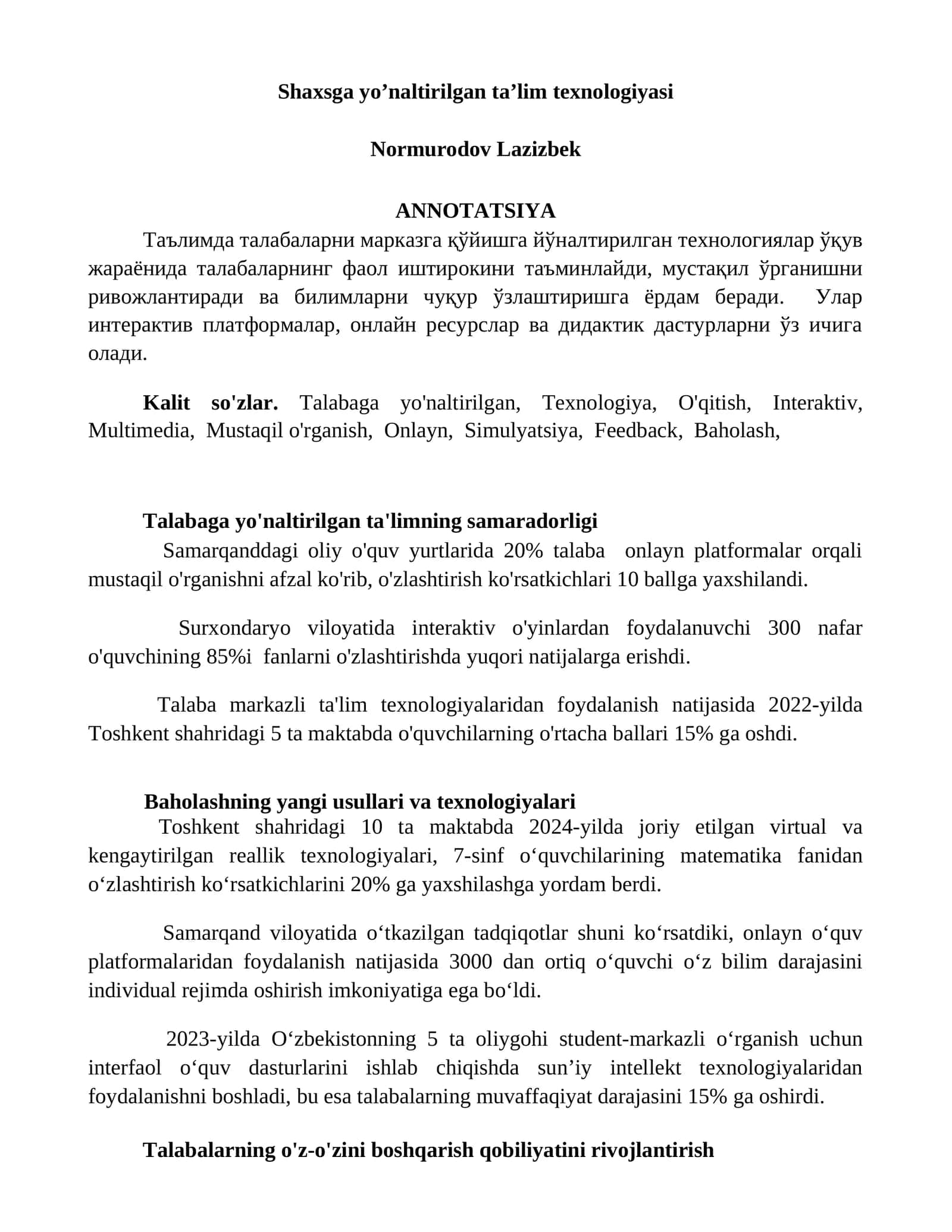 Shaxsga yo’naltirilgan ta’lim texnologiyasi