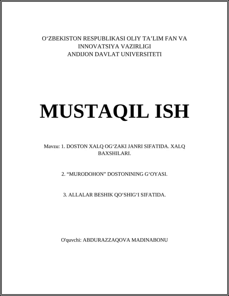 Doston Xalq Og'zaki Janri Sifatida