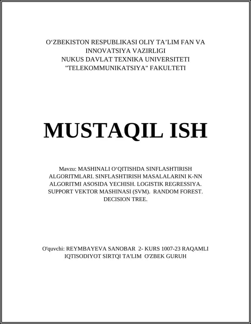 MASHINALI O‘QITISHDA SINFLASHTIRISH ALGORITMLARI
