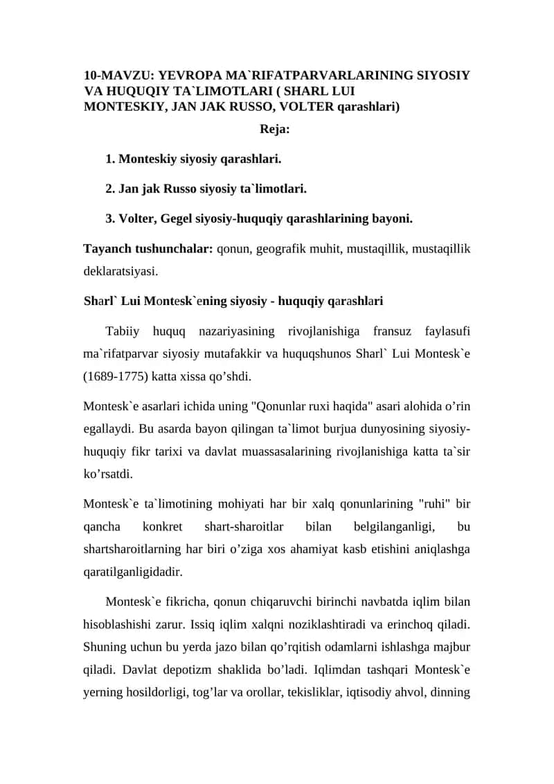 YEVROPA MA`RIFATPARVARLARINING SIYOSIY VA HUQUQIY TA`LIMOTLARI ( SHARL LUI MONTESKIY, JAN JAK RUSSO, VOLTER qarashlari