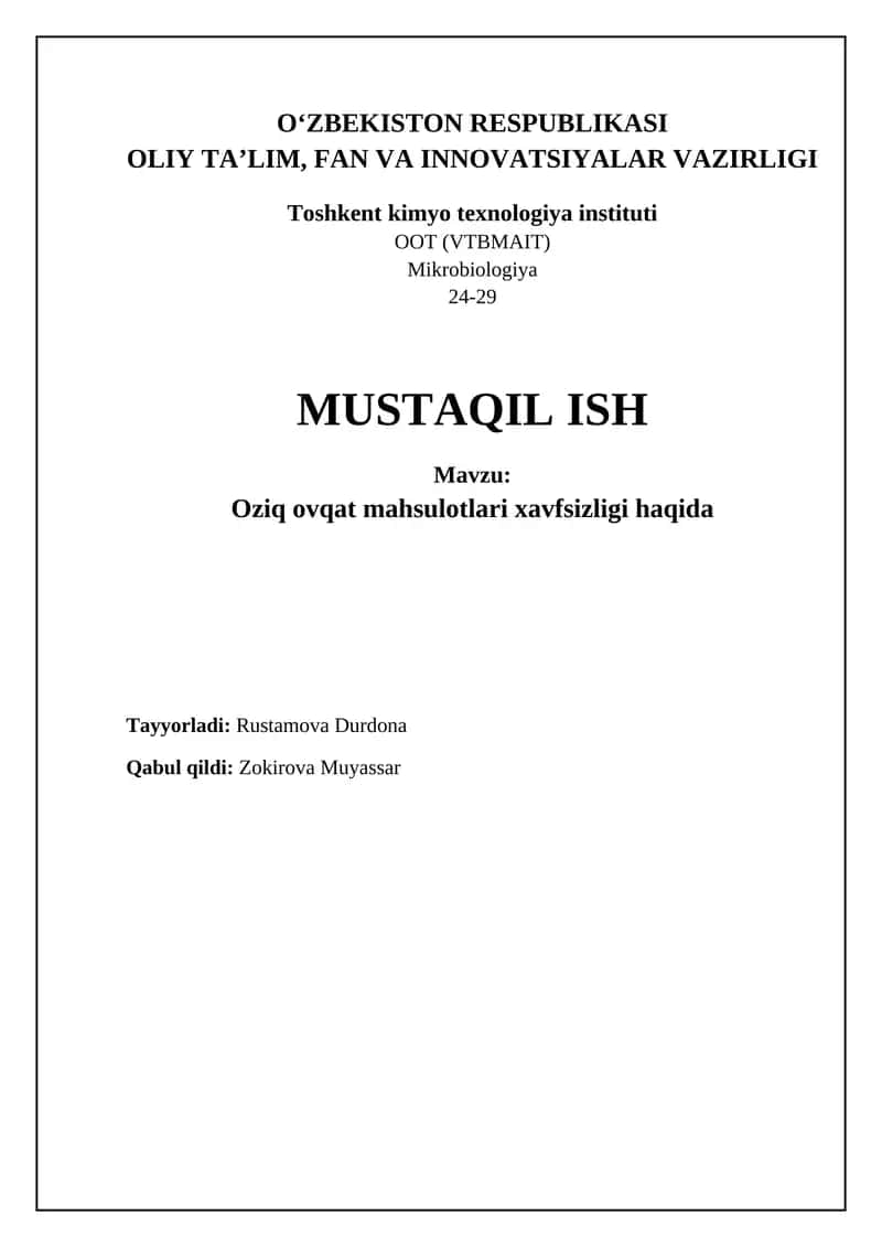 Oziq ovqat mahsulotlari xavfsizligi haqida
