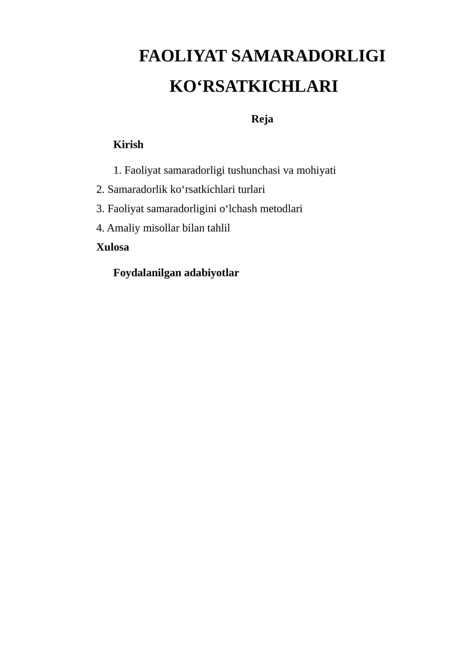 FAOLIYAT SAMARADORLIGI KO‘RSATKICHLARI