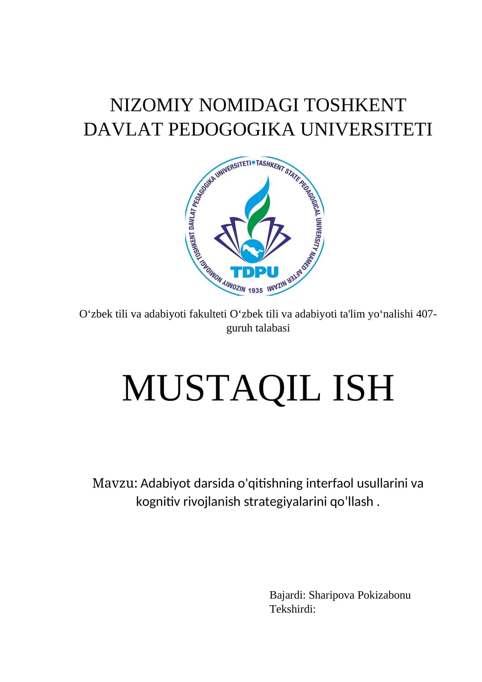 Adabiyot darsida o'qitishning interfaol usullarini va kognitiv rivojlanish strategiyalarini qo’llash