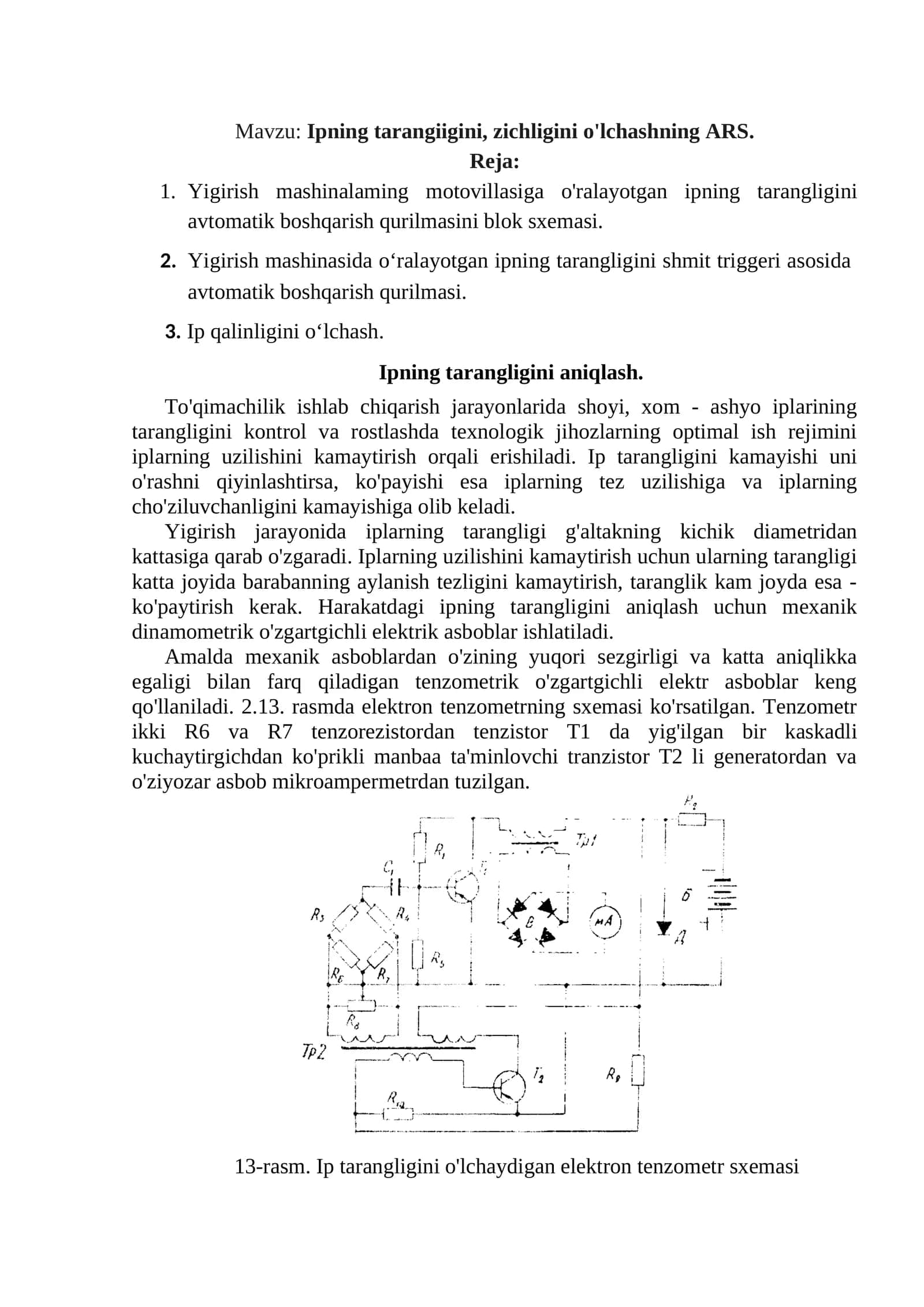 Ipning tarangligini, zichligini o'lchashning ARS