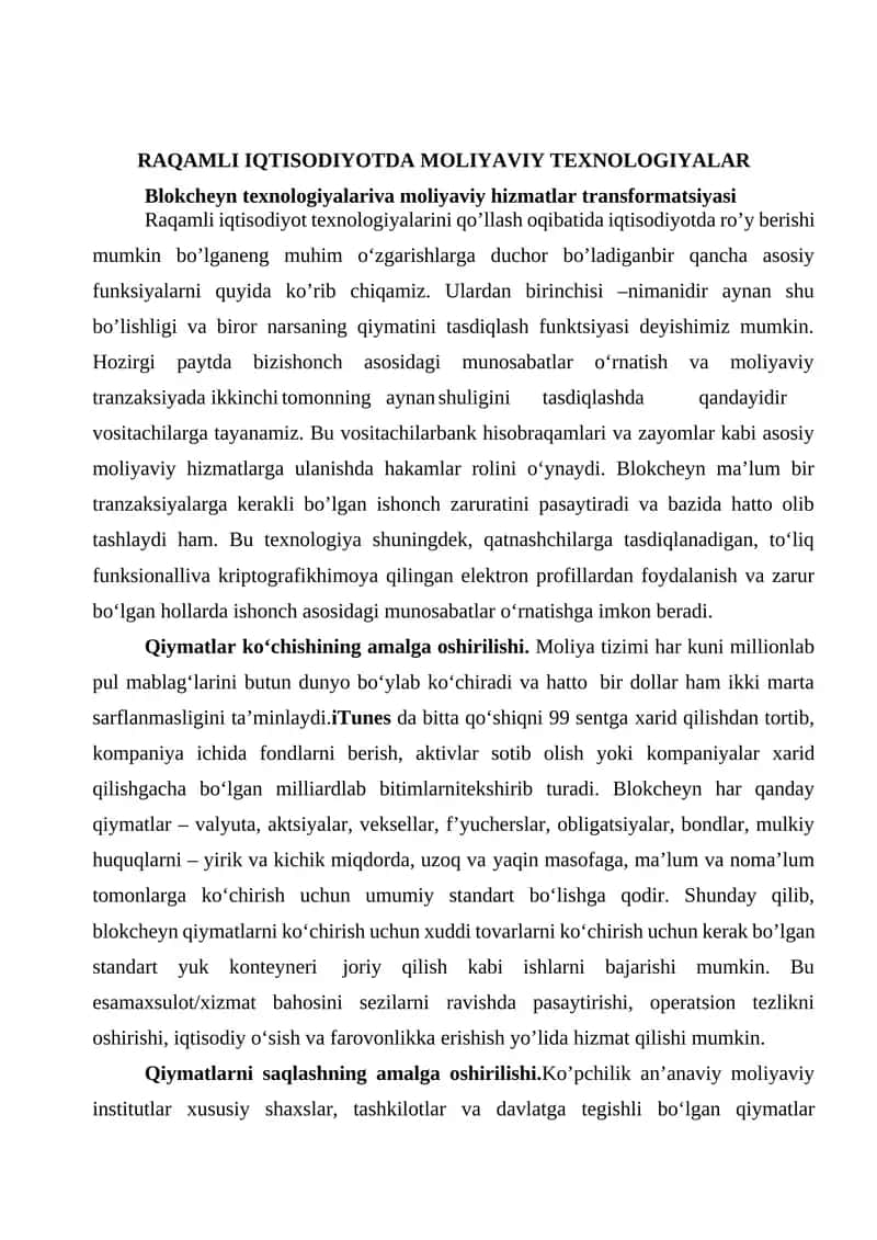RAQAMLI IQTISODIYOTDA MOLIYAVIY TEXNOLOGIYALAR