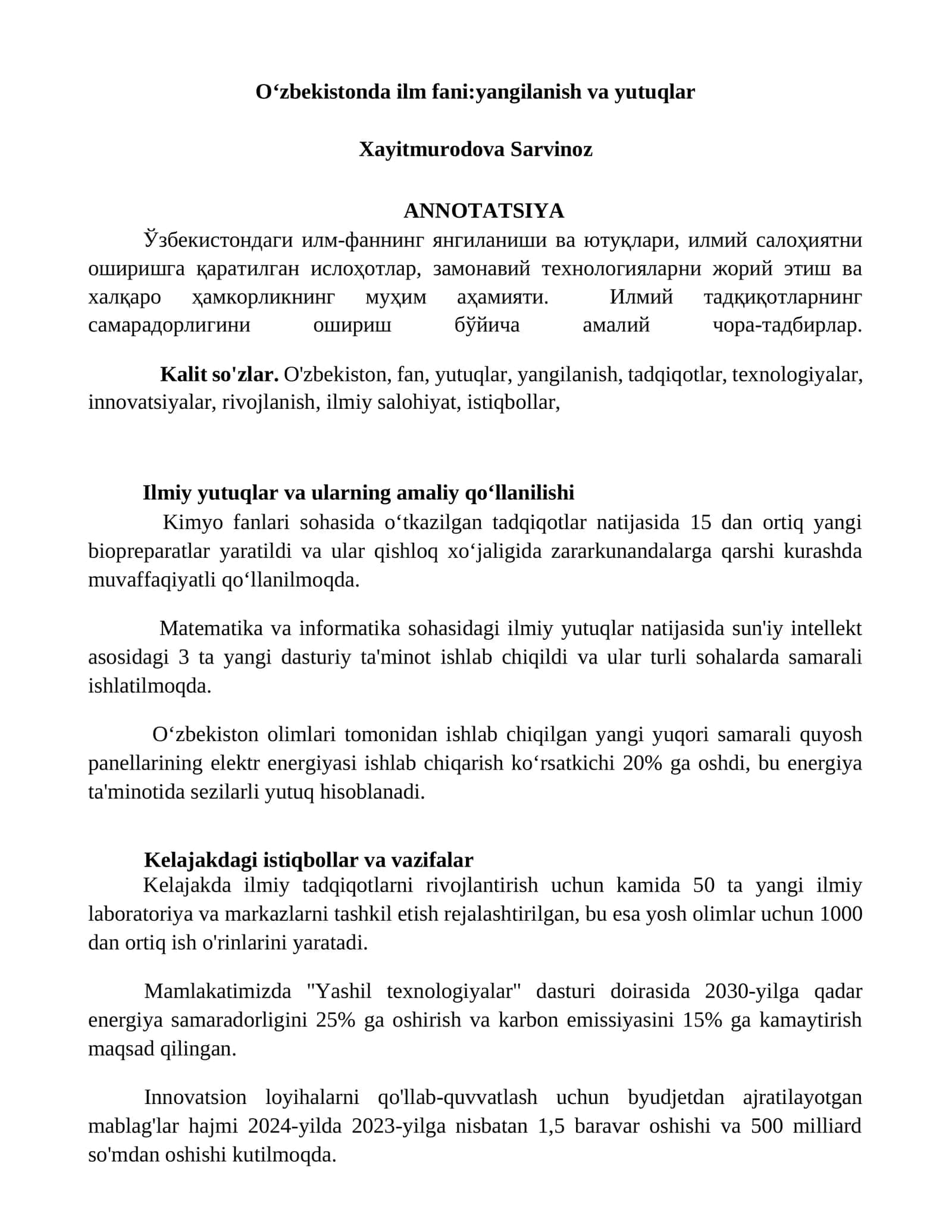 Oʻzbekistonda ilm fani: yangilanish va yutuqlar