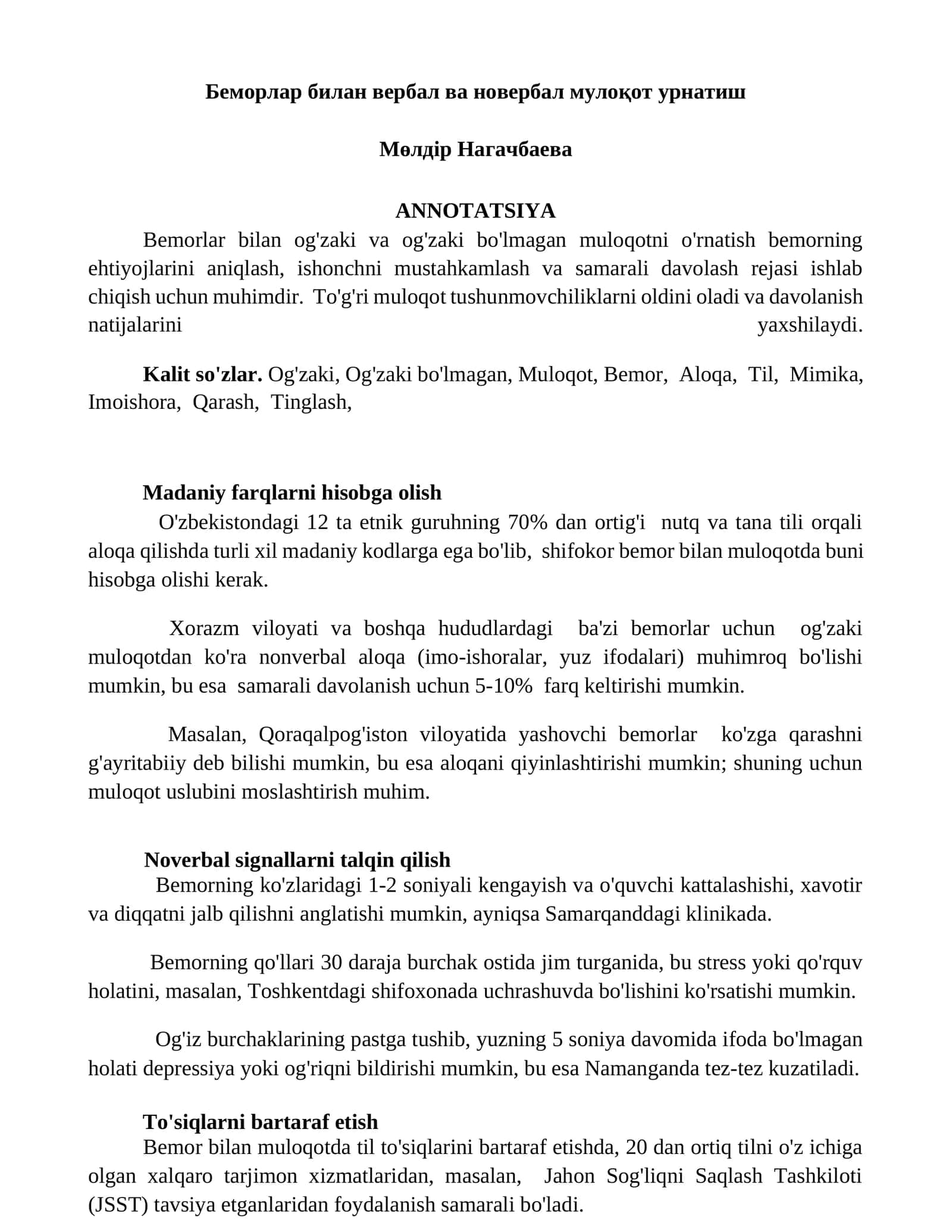 Bemorlar bilan verba va noverbal muloqot urnatish