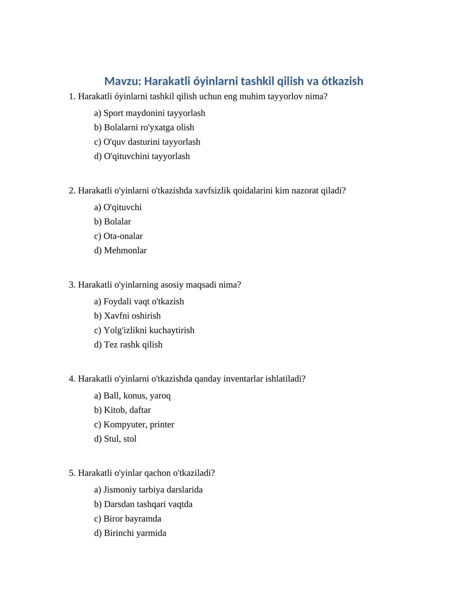 Harakatli óyinlarni tashkil qilish va ótkazish