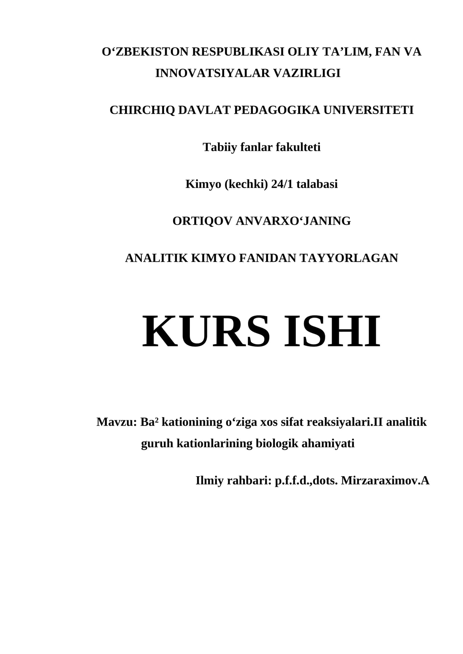 BA² KATIONINING O‘ZIGA XOS SIFAT REAKSIYALARI.II ANALITIK GURUH KATIONLARINING BIOLOGIK AHAMIYATI