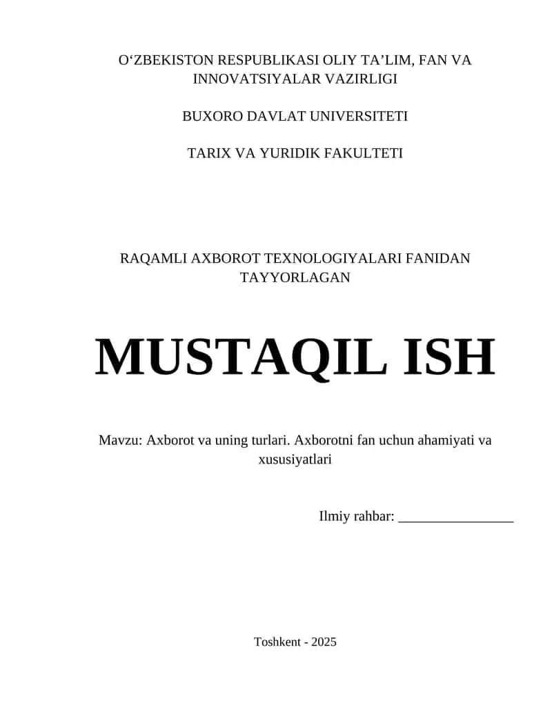Axborot va uning turlari. Axborotni fan uchun ahamiyati va xususiyatlari