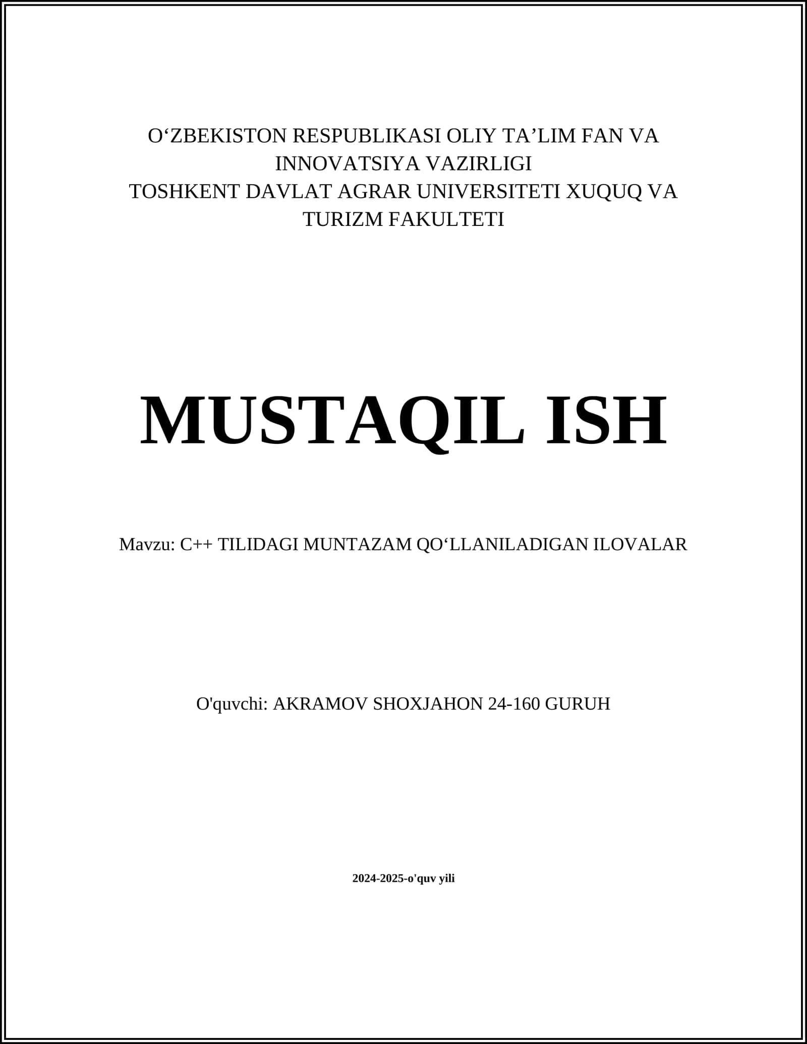C++ TILIDAGI MUNTAZAM QOʻLLANILADIGAN ILOVALAR