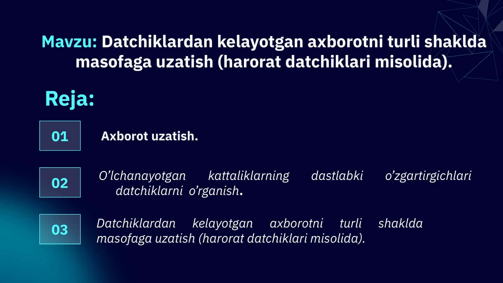 Datchiklardan kelayotgan axborotni turli shaklda masofaga uzatish (harorat datchiklari misolida).