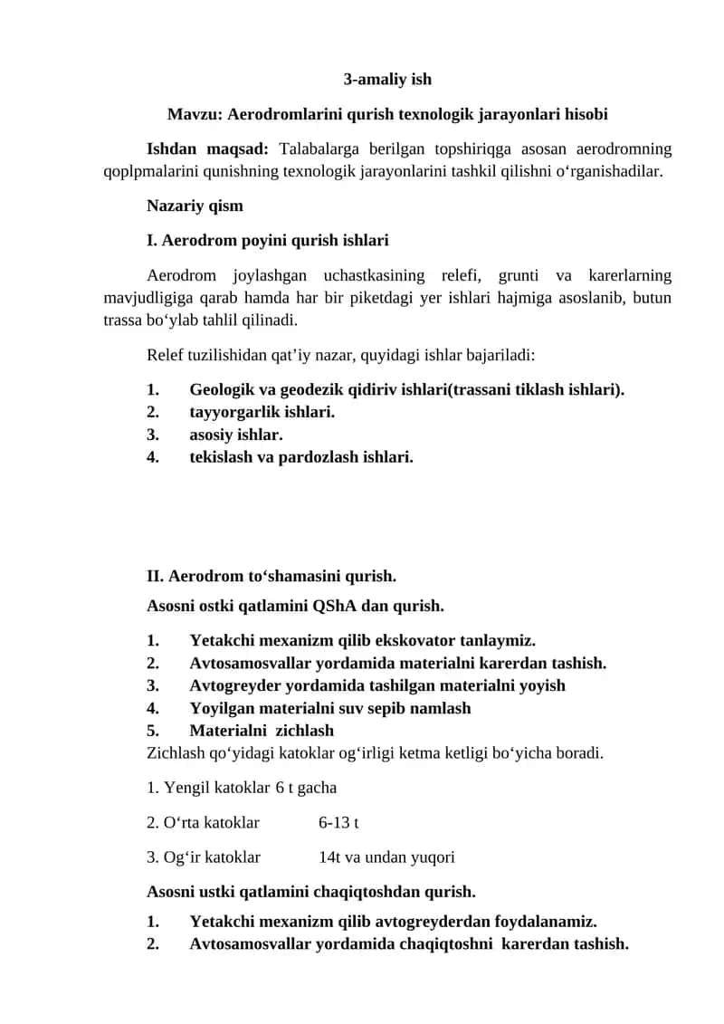 Aerodromlarini qurish texnologik jarayonlari hisobi