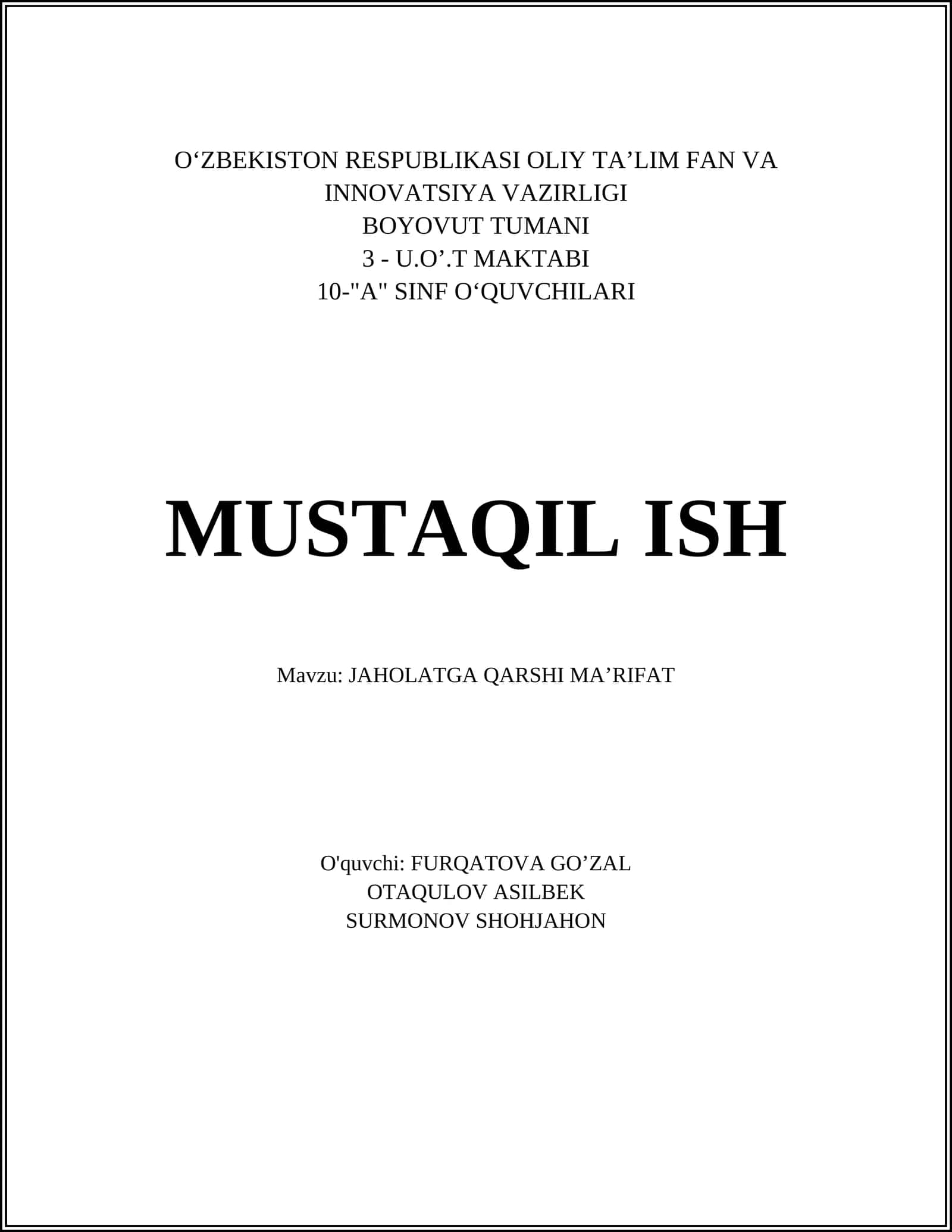 JAHOLATGA QARSHI MAʼRIFAT