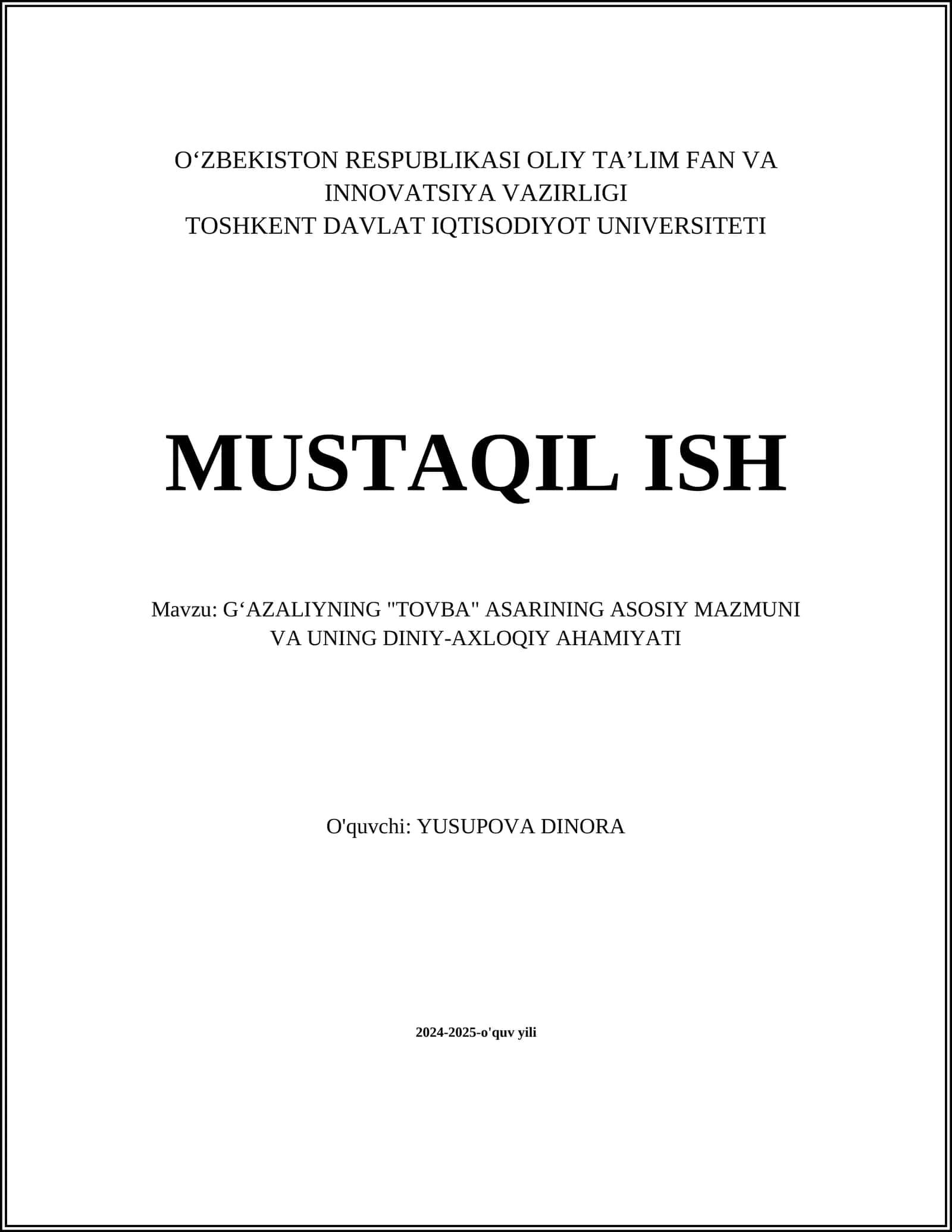 GʻAZALIYNING "TOVBA" ASARINING ASOSIY MAZMUNI VA UNING DINIY-AXLOQIY AHAMIYATI